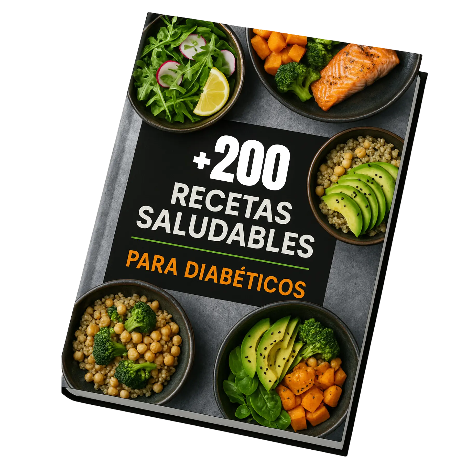 Mockup del libro Más de 200 recetas saludables para diabéticos